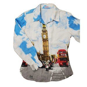 Joli Women's Medium London Scene Big Ben British Bus Button Up Shirt Long Sleeve